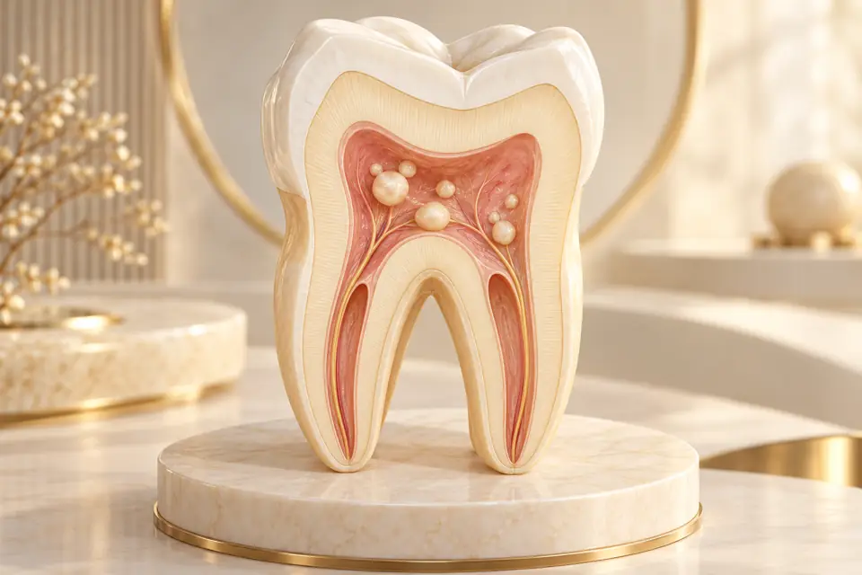 Редакционная иллюстрация: Дентикли в зубе: что означают кальцификаты пульпы